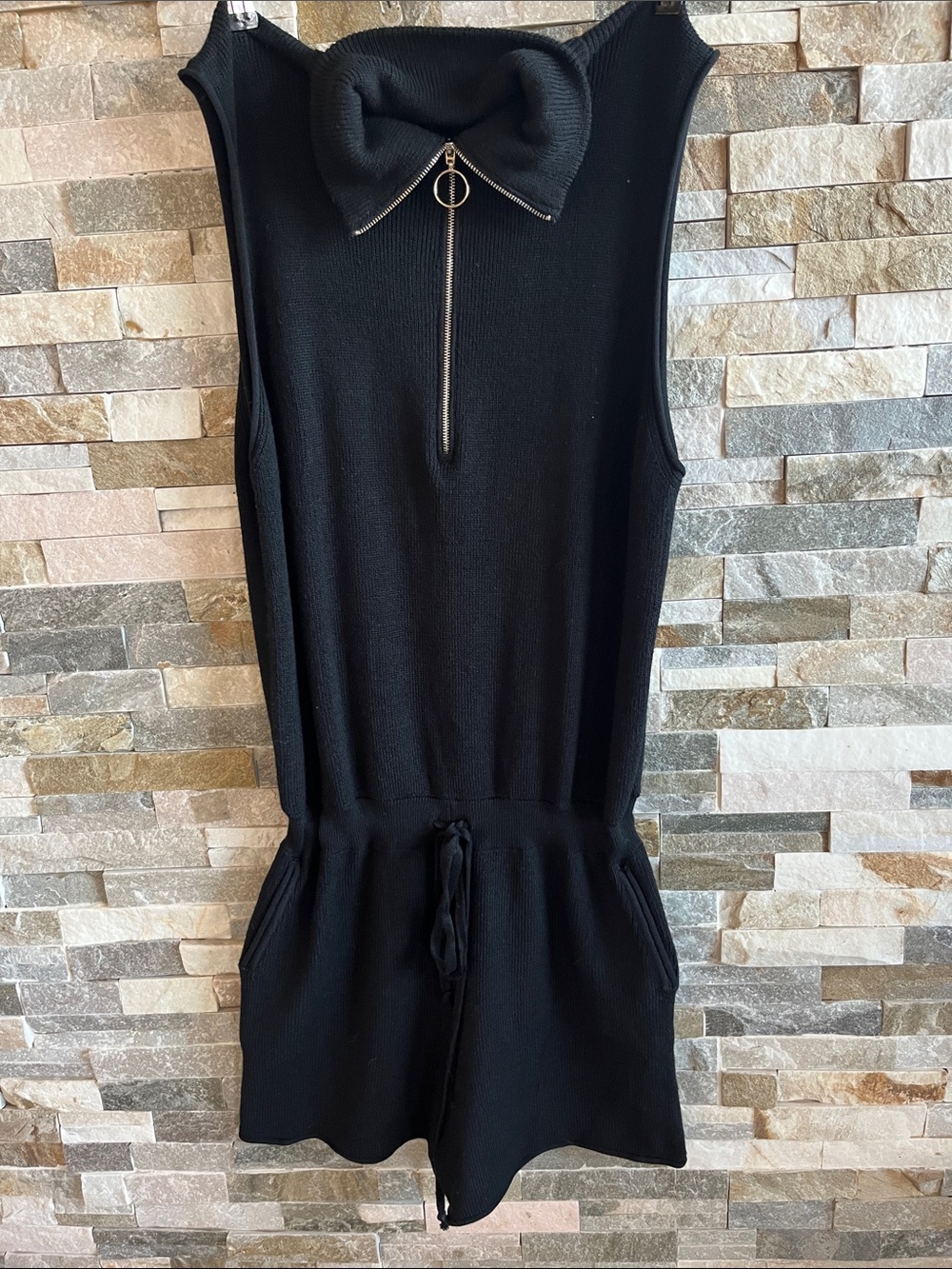 Sleeveless Black Knit Romper with Zip Collar